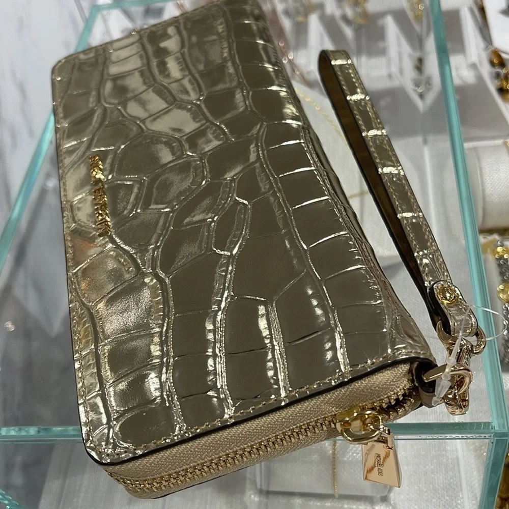 Michael Kors JSet Travel Metallic Crocodile Embossed Leather Continental Wallet